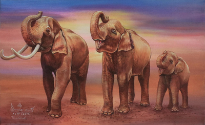 'Happy Family: Parade' - Signed Expressionist Painting of Three Elephants