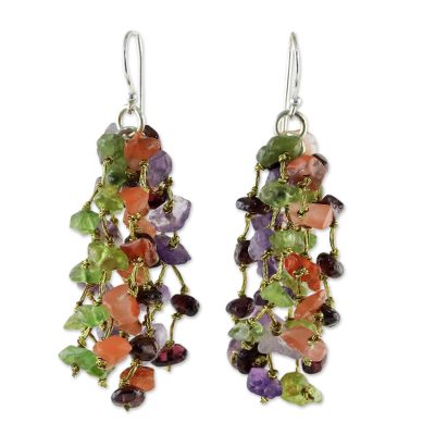 Multi-gemstone waterfall earrings, 'Shades of Jubilance' - Handmade Multi-Gemstone and Silk Earrings from Thailand