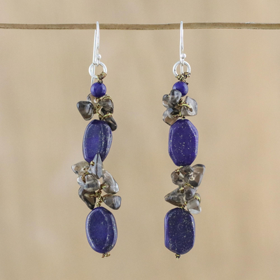 Pendientes cluster de lapislázuli y cuarzo ahumado - Pendientes de racimo de lapislázuli y cuarzo ahumado de Tailandia