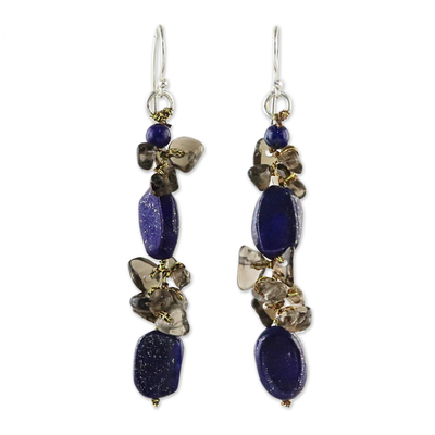 Lapis Lazuli and Smoky Quartz Cluster Earrings from Thailand