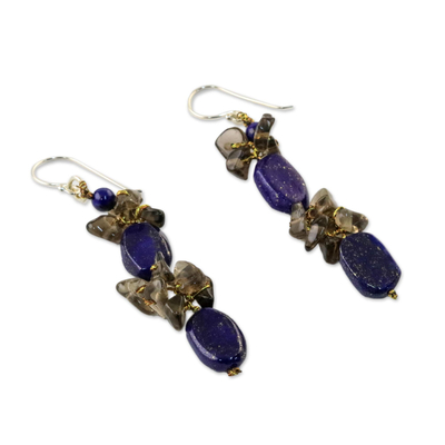 Lapis lazuli and smoky quartz cluster earrings, 'Sumptuous Stones' - Lapis Lazuli and Smoky Quartz Cluster Earrings from Thailand