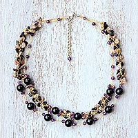 Multi-gemstone beaded necklace, 'Magical Inspiration in Black' - Multi-Gemstone Onyx and Silk Beaded Necklace from Thailand