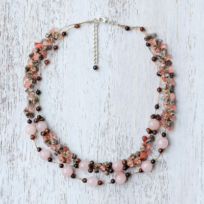 Collar de cuentas con varias piedras preciosas - Collar con cuentas de cuarzo rosa con múltiples piedras preciosas de Tailandia