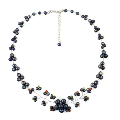 Cultured pearl beaded necklace, 'Dark Cherry Blossom' - Black Cultured Pearl and Glass Beaded Necklace from Thailand