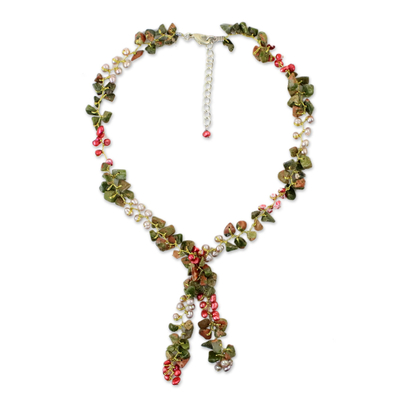 Cultured Pearl and Unakite Lariat Necklace from Thailand