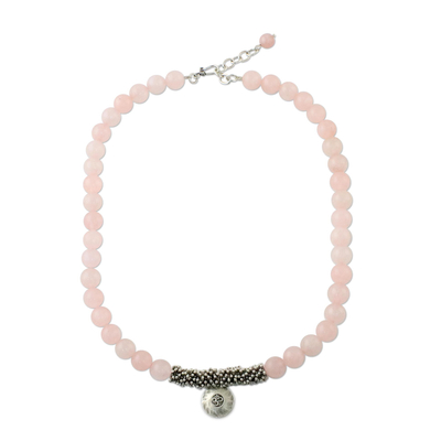 Rose quartz beaded pendant necklace, 'Rosy Charm' - Rose Quartz Beaded Necklace with Sterling Silver Om Pendant