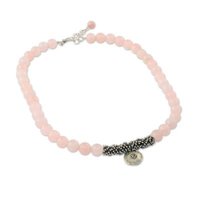 Rose quartz beaded pendant necklace, 'Rosy Charm' - Rose Quartz Beaded Necklace with Sterling Silver Om Pendant