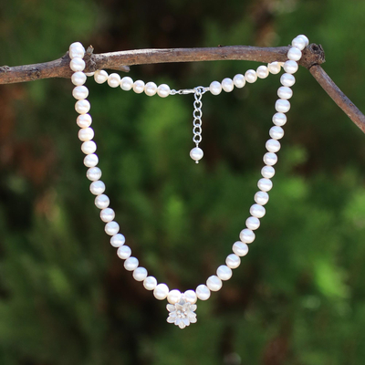 Cultured pearl strand pendant necklace, 'Romantic Lily' - Cultured Freshwater Pearl Strand with Karen Silver Pendant