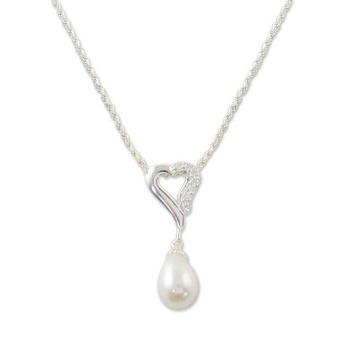 Cultured pearl pendant necklace, 'Cozy Heart' - Cultured Pearl and Cubic Zirconia Pendant Necklace