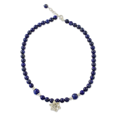 Lapis lazuli beaded pendant necklace, 'Sophisticated Lily' - Lapis Lazuli Beaded Necklace with Karen Silver Lily Pendant
