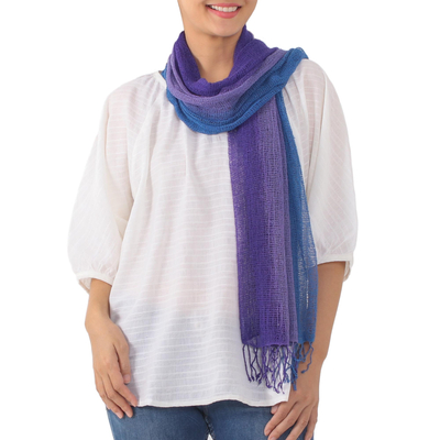 Bufanda de algodón, 'Iris Mood' - Bufanda de algodón púrpura y azul tejida a mano de Tailandia