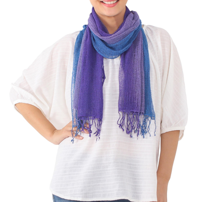 Cotton scarf, 'Iris Mood' - Handwoven Purple and Blue Cotton Scarf from Thailand