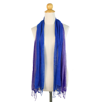 Bufanda de algodón, 'Iris Mood' - Bufanda de algodón púrpura y azul tejida a mano de Tailandia