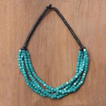 Wood beaded torsade necklace, 'Teal Squared' - Black and Teal Cube Boxwood Beaded Torsade Necklace