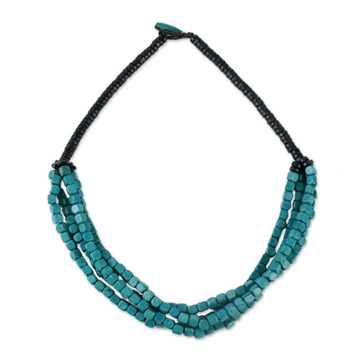 Wood beaded torsade necklace, 'Teal Squared' - Black and Teal Cube Boxwood Beaded Torsade Necklace
