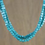 Wood beaded torsade necklace, 'Teal Squared' - Black and Teal Cube Boxwood Beaded Torsade Necklace