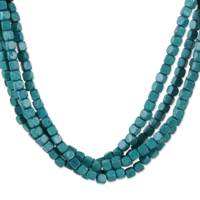 Wood beaded torsade necklace, 'Teal Squared' - Black and Teal Cube Boxwood Beaded Torsade Necklace