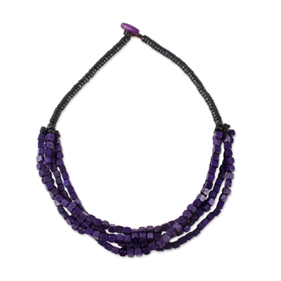 Wood beaded torsade necklace, 'Purple Squared' - Black and Purple Cube Boxwood Beaded Torsade Necklace