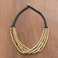 Wood beaded torsade necklace, 'Beige Squared' - Black and Beige Cube Boxwood Beaded Torsade Necklace
