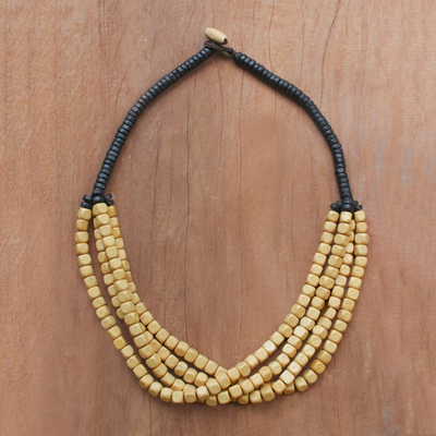 Wood beaded torsade necklace, Beige Squared