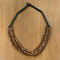 Black and Brown Cube Boxwood Beaded Torsade Necklace,'Brown Squared'