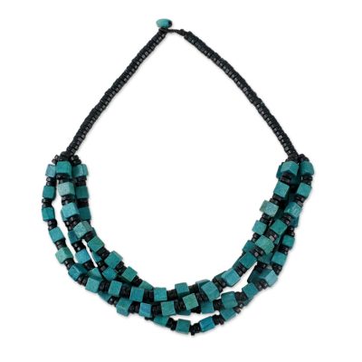 Wood beaded torsade necklace, 'Teal Elegance Squared' - Teal and Black Boxwood Cube Beaded Torsade Necklace