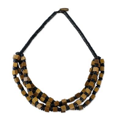 Wood beaded torsade necklace, 'Brown Elegance Squared' - Brown and Black Boxwood Cube Beaded Torsade Necklace