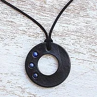 Lapiz lazuli pendant necklace, 'Lucky Ring' - Handcrafted Lapis Lazuli and Leather Necklace from Thailand