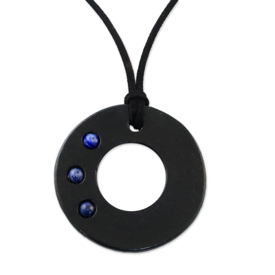 Lapiz lazuli pendant necklace, 'Lucky Ring' - Handcrafted Lapis Lazuli and Leather Necklace from Thailand