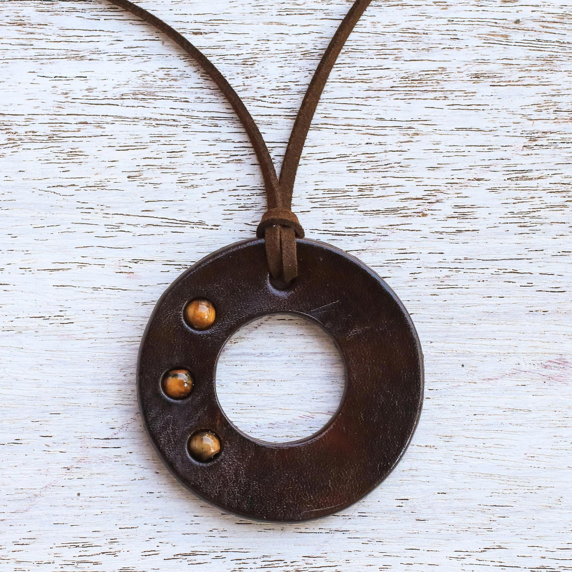 Handcrafted Tiger's Eye and Leather Necklace from Thailand, 'Lucky Ring'