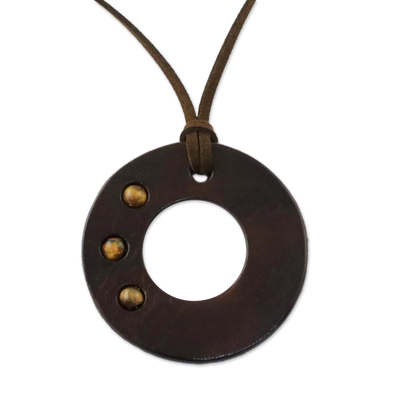 Tiger's eye pendant necklace, 'Lucky Ring' - Handcrafted Tiger's Eye and Leather Necklace from Thailand