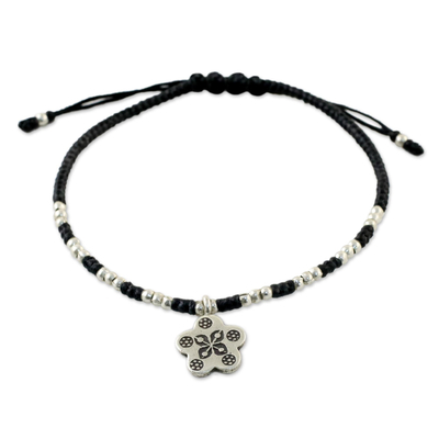 Fair Trade Black Cord Adjustable Fine Silver Flower Charm Bracelet