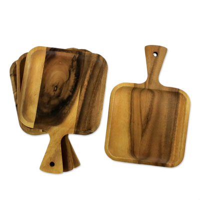 Wood plates, 'Savory Memories' (set of 4) - Four Handmade Wood Snack Plates with Handles from Thailand
