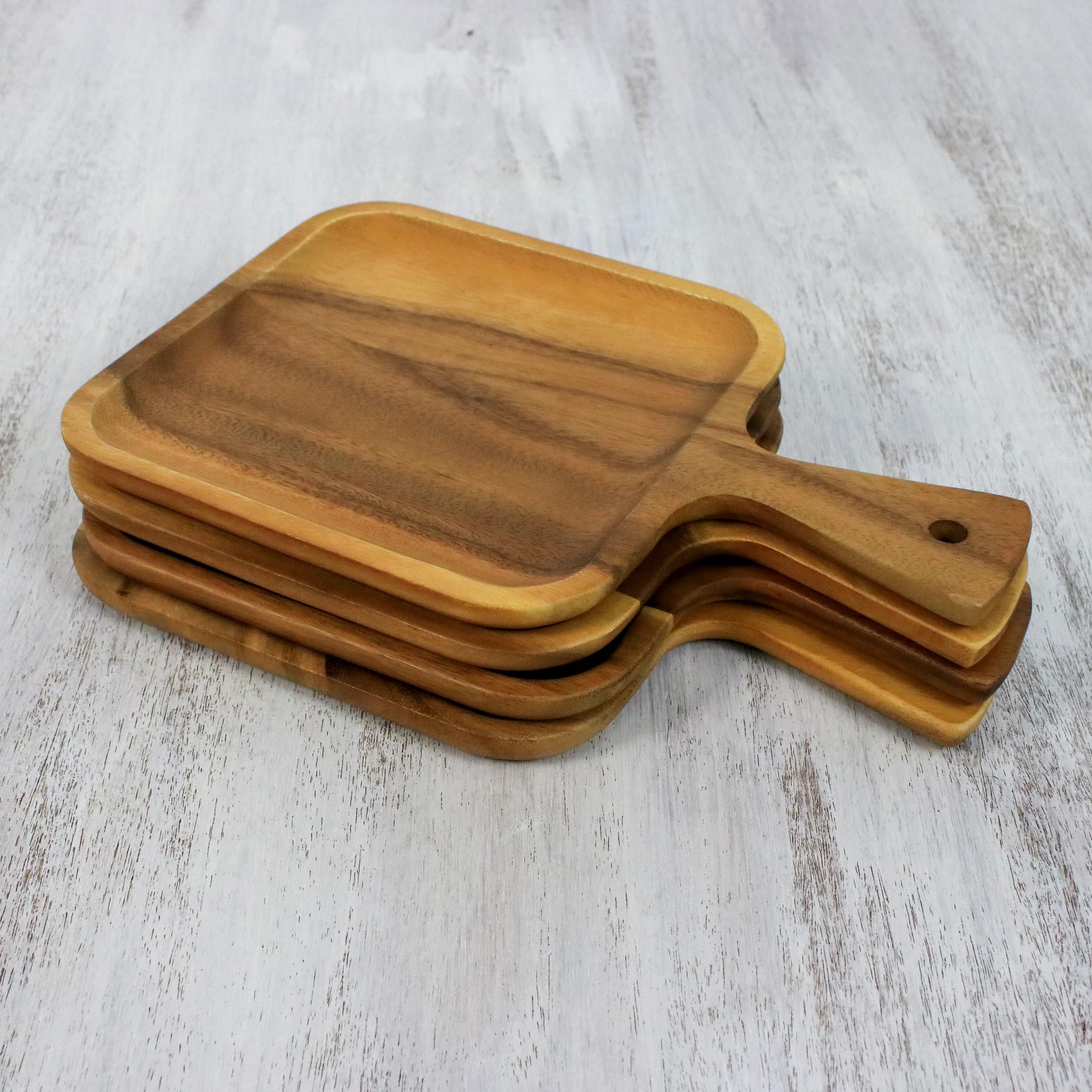 Four Handmade Wood Snack Plates with Handles from Thailand Savory