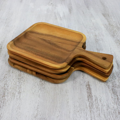 Wood plates, 'Savory Memories' (set of 4) - Four Handmade Wood Snack Plates with Handles from Thailand