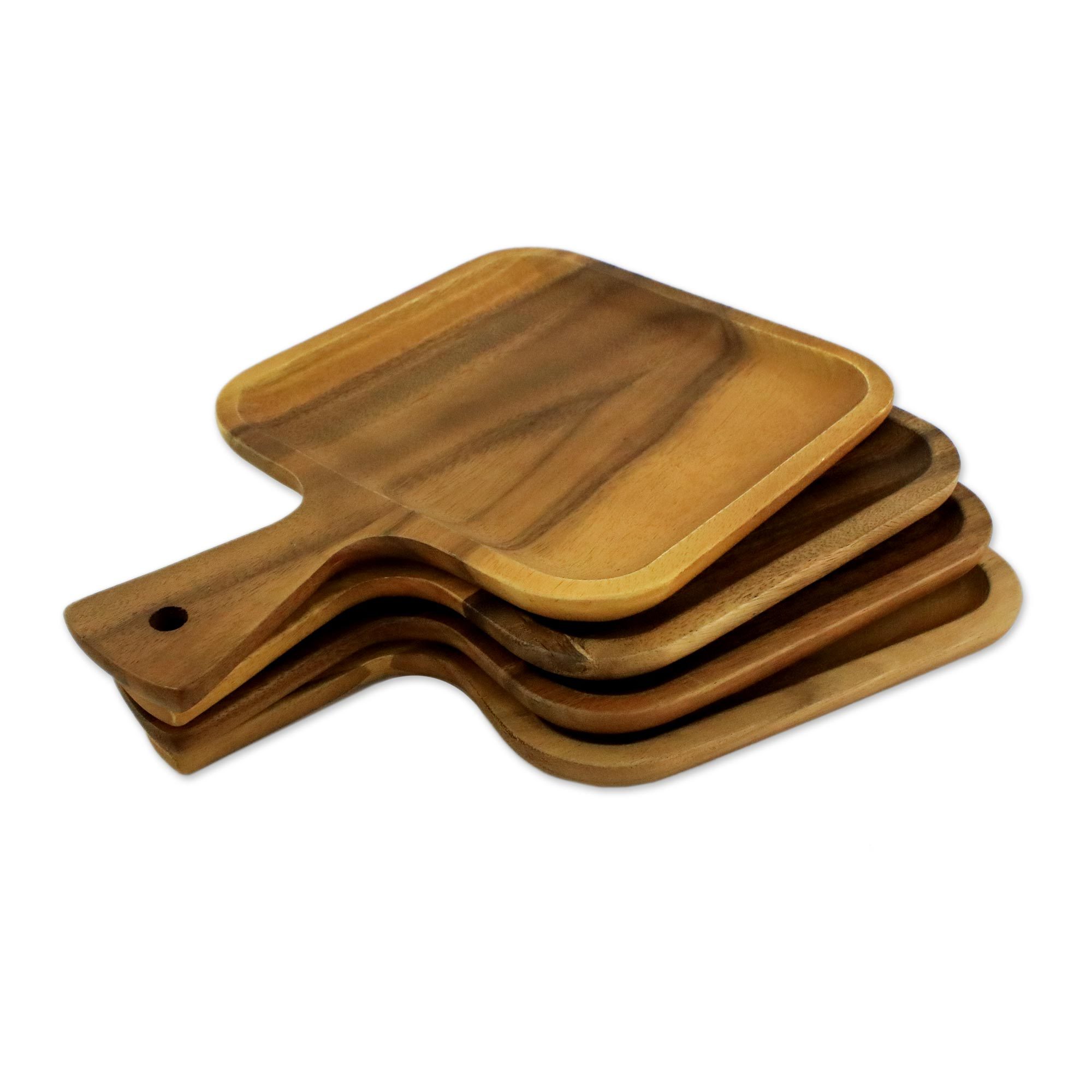 Four Handmade Wood Snack Plates with Handles from Thailand Savory