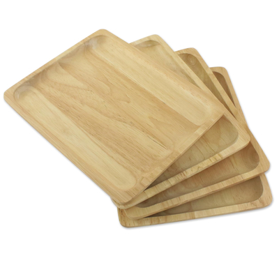 Wood plates, 'Family Party' (set of 4) - Four Handmade Rubberwood Plates from Thailand
