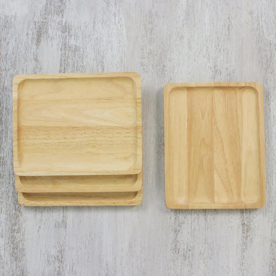 Wood plates, 'Family Party' (set of 4) - Four Handmade Rubberwood Plates from Thailand
