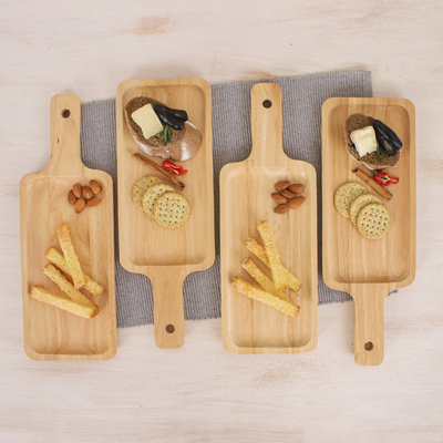 Wood serving plates, 'Fun Meal' (set of 4) - Four Handcrafted Rubberwood Serving Plates from Thailand