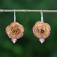 Natural rose dangle earrings, 'Floral Temptation' - Beaded Natural Rose Dangle Earrings from Thailand