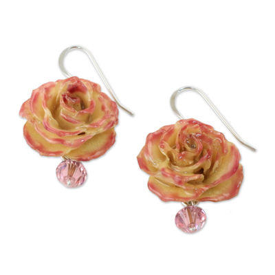 Natural rose dangle earrings, 'Floral Temptation' - Beaded Natural Rose Dangle Earrings from Thailand