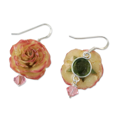 Natural rose dangle earrings, 'Floral Temptation' - Beaded Natural Rose Dangle Earrings from Thailand