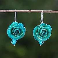 Natural rose dangle earrings, 'Floral Temptation in Green' - Natural Rose Dangle Earrings in Green from Thailand