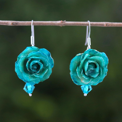 Natural rose dangle earrings, Floral Temptation in Green