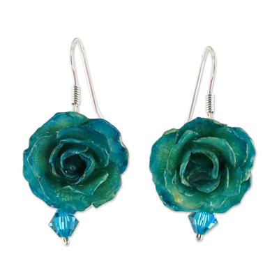 Natural rose dangle earrings, 'Floral Temptation in Green' - Natural Rose Dangle Earrings in Green from Thailand