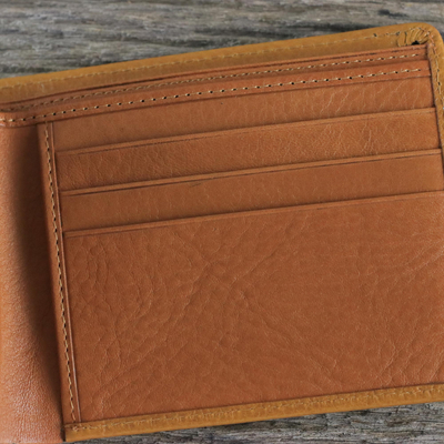 Men's leather wallet, 'Genuine in Saddle Brown' - Men's Saddle Brown Leather Wallet with Contrast Stitching