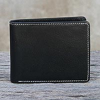 Mens leather wallet, Genuine in Jet Black