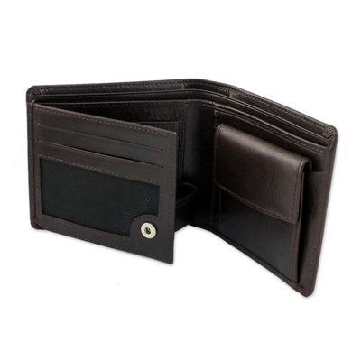 Men's leather wallet, 'Classic in Dark Brown' - Fair Trade Men's Classic Bifold Leather Wallet in Dark Brown