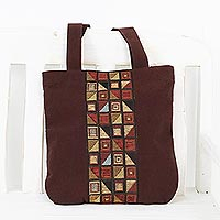 Geometric Motif Brown Cotton Tote Handbag from Thailand,'Native Geometry'