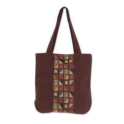Baumwoll-Einkaufstasche - Braune Baumwoll-Tragetasche mit geometrischem Motiv aus Thailand